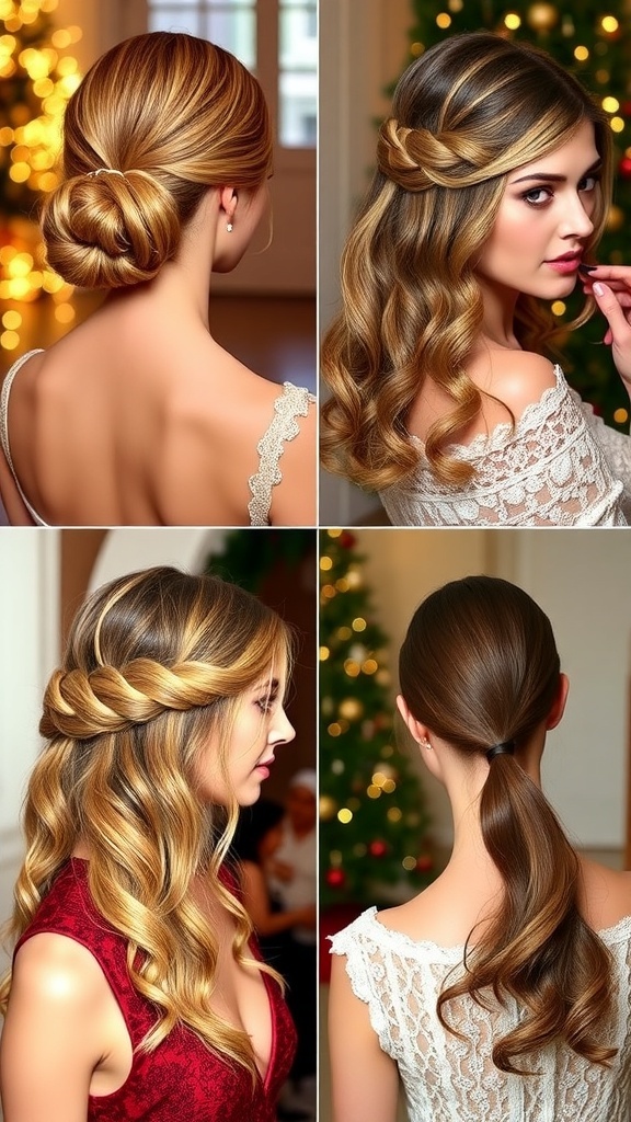 Collage of elegant Christmas hairstyles: chignon, loose waves, braided crown, high ponytail on festive dresses.
